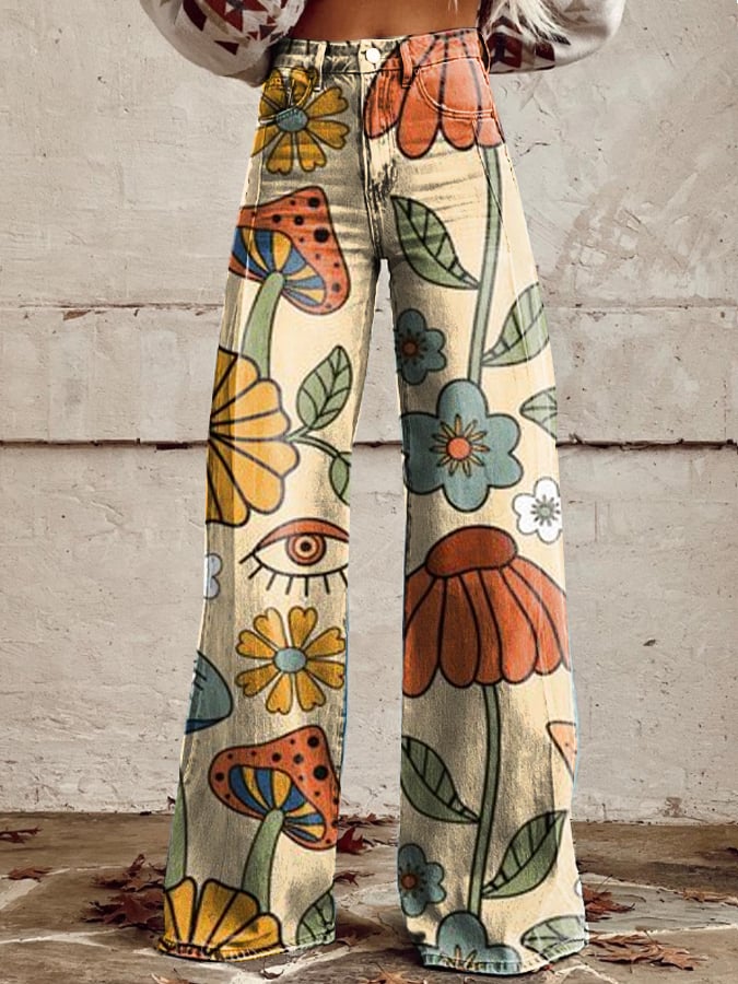 Vintage Bohemian Floral Flared Pants