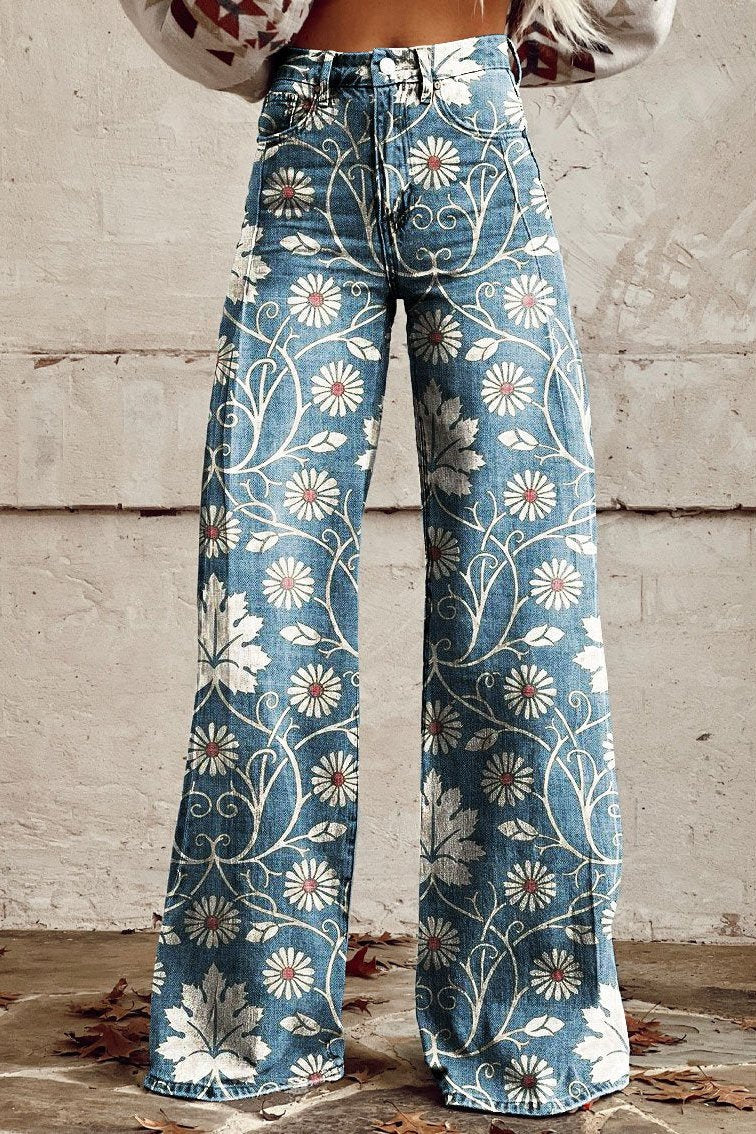 Flared Denim Trousers with Wildflower Print