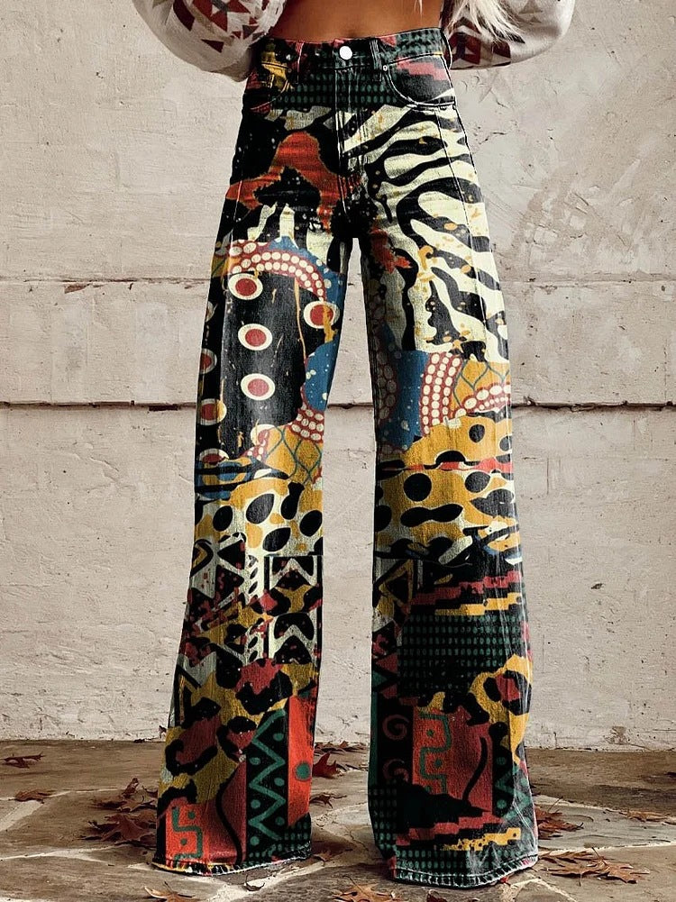 Vintage Flared Trousers with Mosaic Rhythm Design