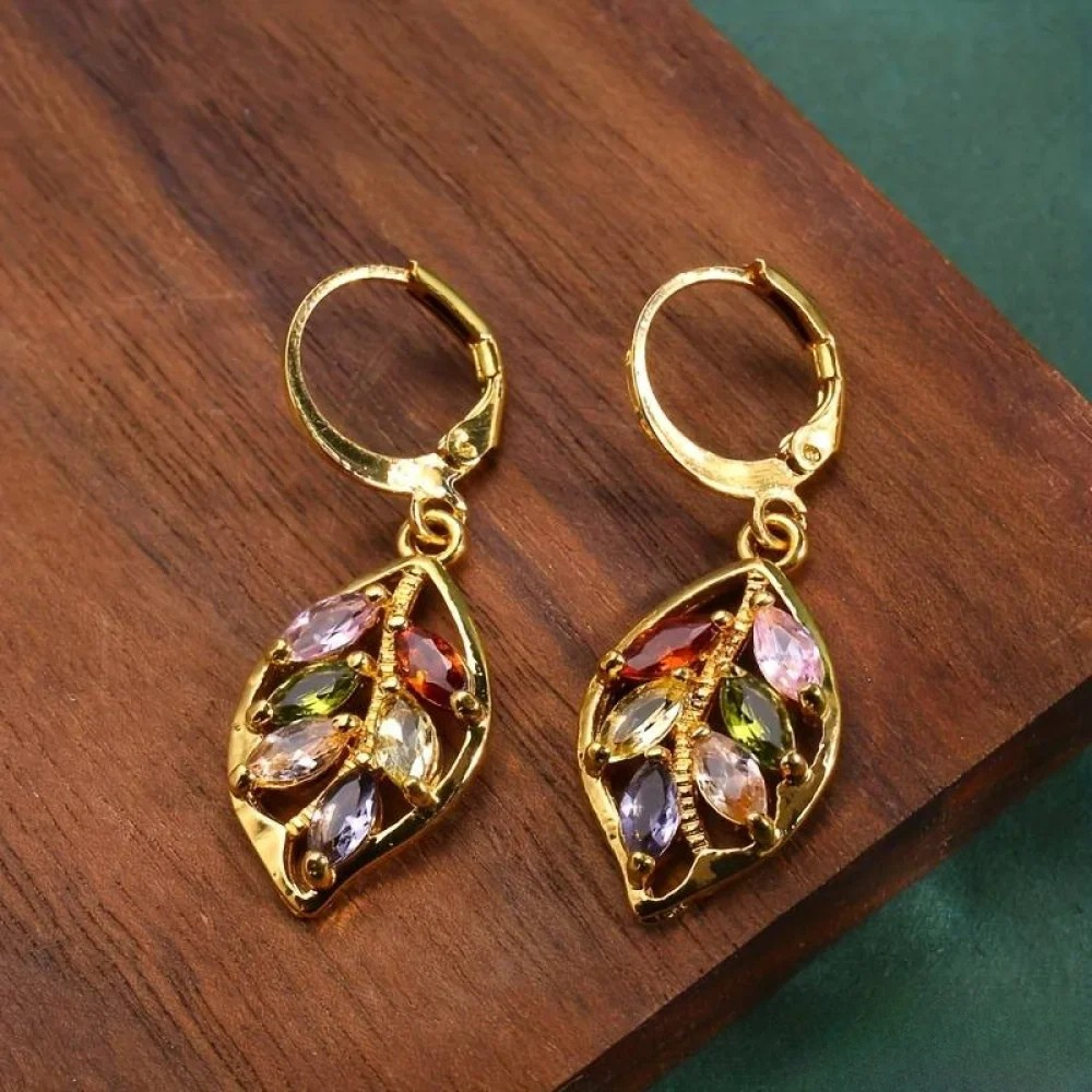 Retro Gold Leaf Earrings Adorned with Vibrant Zirconia