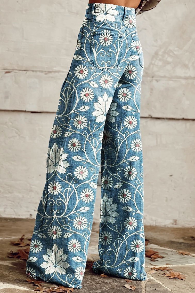 Flared Denim Trousers with Wildflower Print